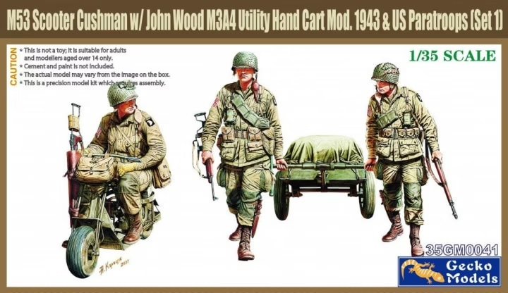 Gecko Models 35GM0041 M53 Scooter Cushman w/John Wood M3A4 Utility Hand Cart Mod.1943 &amp;amp; US Paratroops 1/35