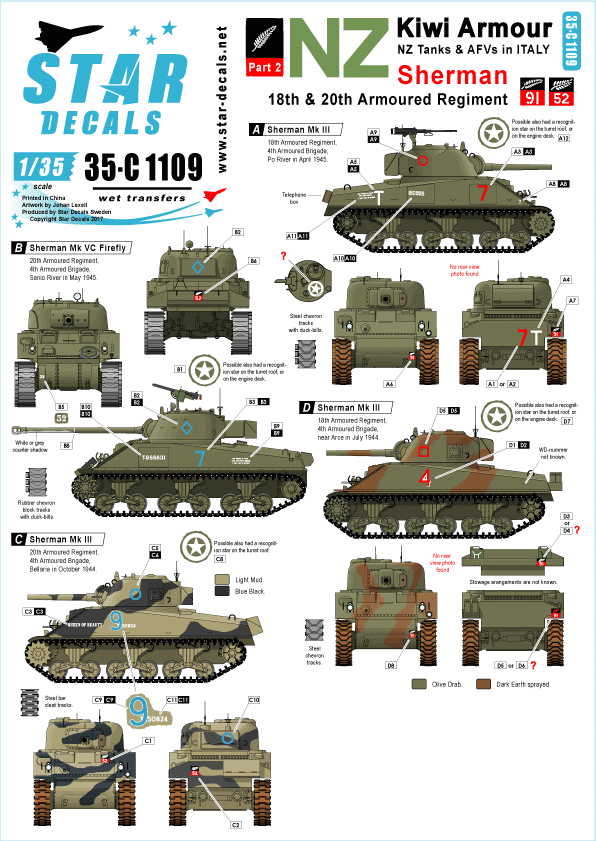 Star Decals 35-C1109 Kiwi Armour 2 - Shermans of 18th &amp;amp; 20th Armoured Regiment 1/35