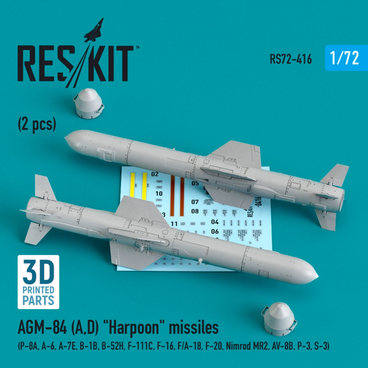 RESKIT RS72-0416 AGM-84 (A,D) "HARPOON" MISSILES (2 PCS) (3D PRINTED) 1/72
