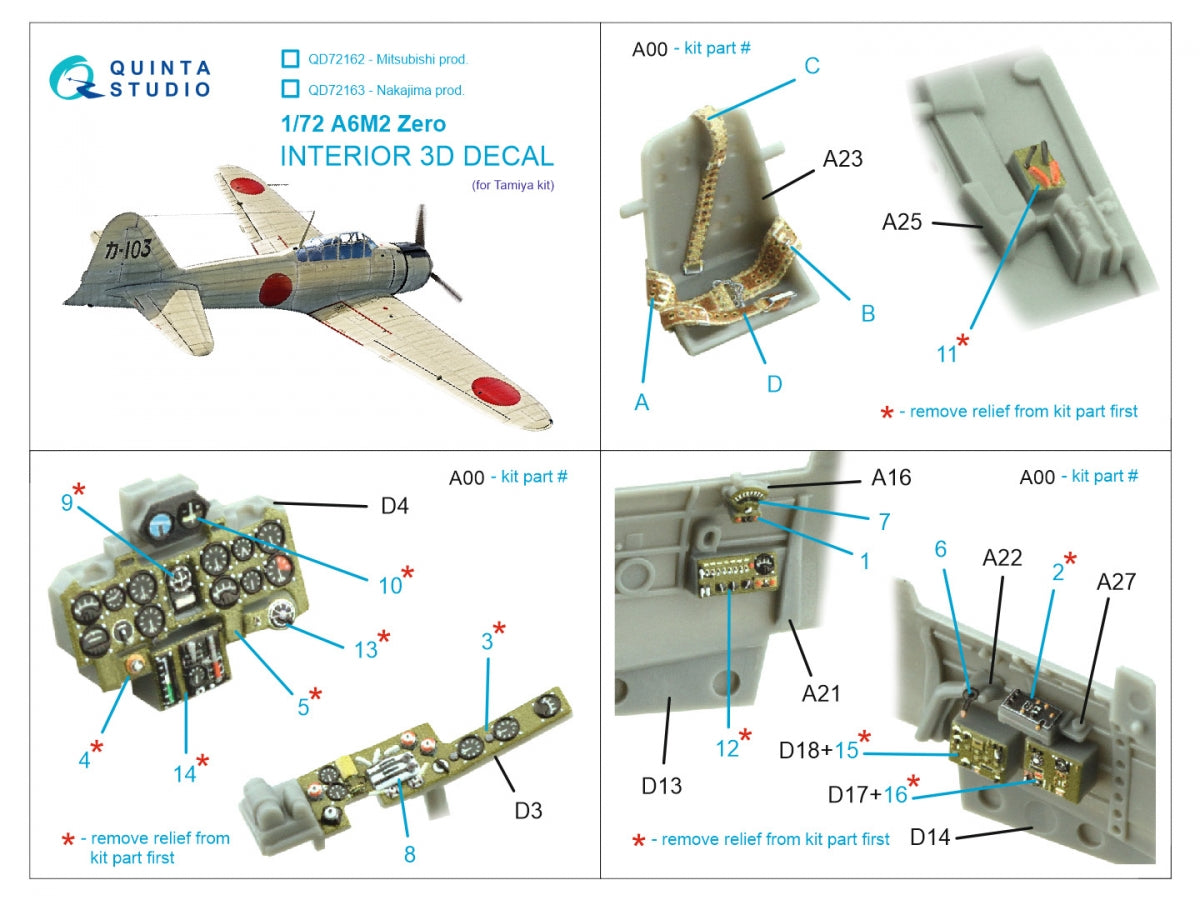 Quinta Studio QD72162 A6M2 Zero (Mitsubishi Prod.) 3D-Printed colored Interior on decal paper (Tamiya) 1/72 – image 2