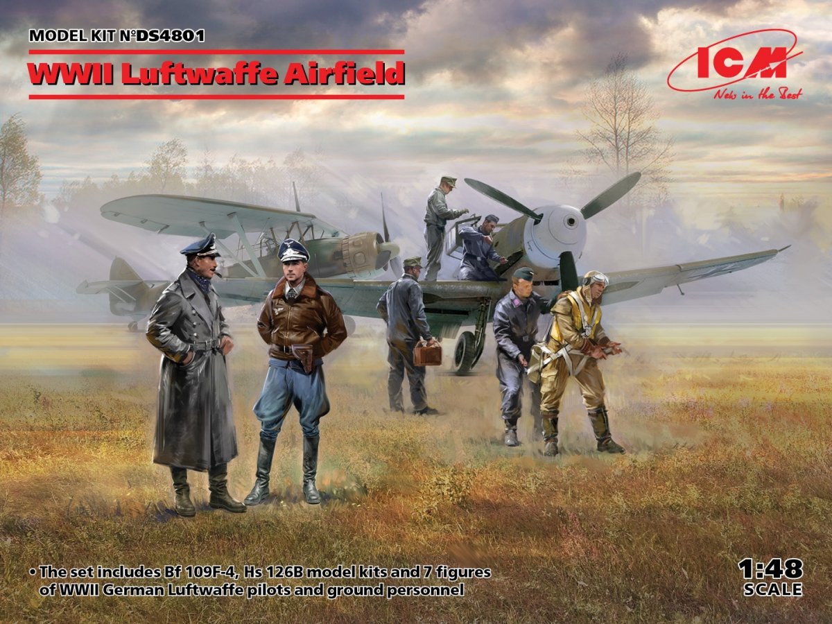 ICM DS4801 Aérodrome de la Luftwaffe de la Seconde Guerre mondiale (Messerschmitt Bf-109F-4, Henschel Hs-126 B-1, pilotes et sol allemands de la Luftwaffe) 1/48