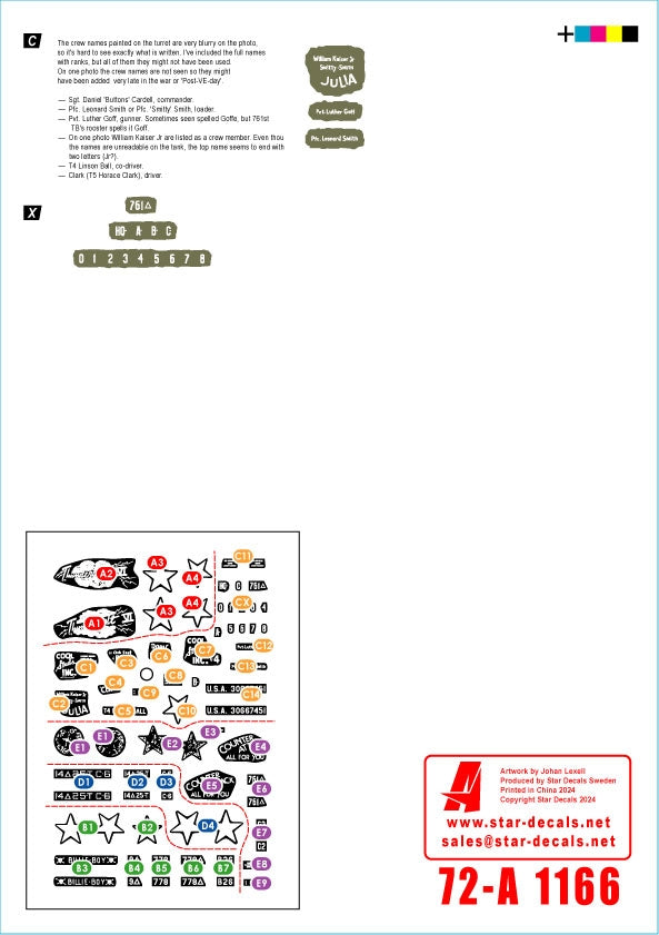 Star Decals 72-A1166 US M4A3(76) in Europe 1944-45. 25th Tk Bn. 37th Tk Bn. 761st Tk Bn. 778th Tk Bn 1/72 – zdjęcie 2