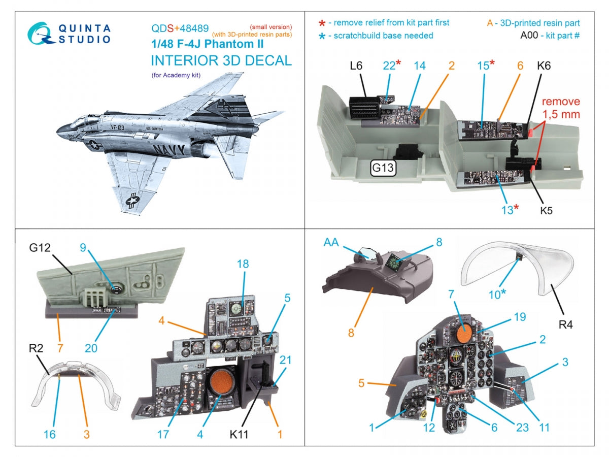 Quinta Studio QDS+48489 F-4J Phantom II 3D-Printed &amp;amp; coloured Interior on decal paper (Academy) (Small version) (with 3D-printed resin parts) 1/48 – immagine 3
