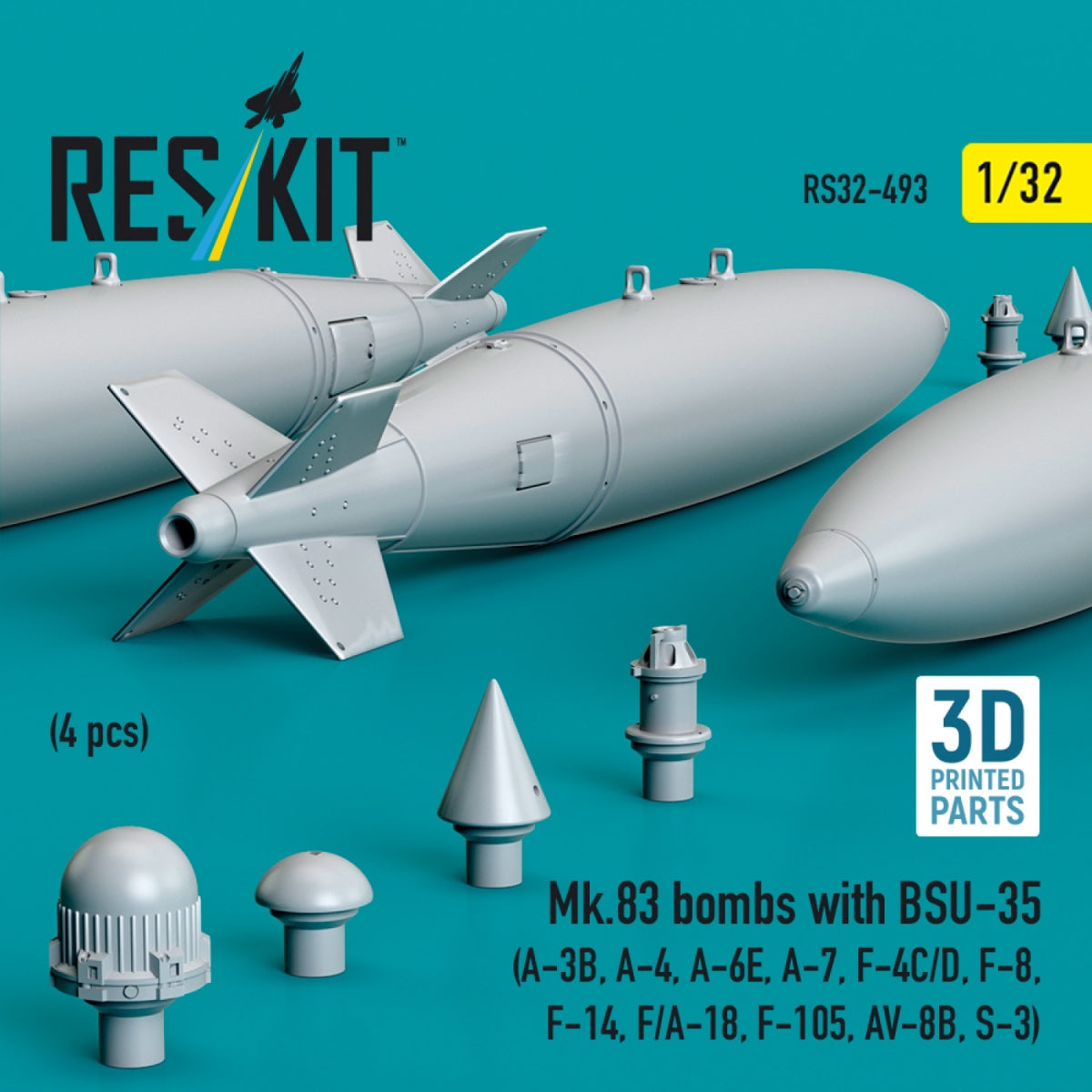 RESKIT RS32-0493 Mk.83 bombs with BSU-35 (4 pcs) (3D printed) 1/32 – imagen 2