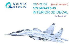 Quinta Studio QDS-72150 Mig-29 9-13 3D-Printed coloured Interior on decal paper (7278 Zvezda) 1/72