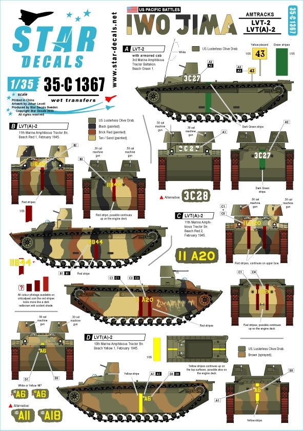 Star Decals 35-C1367 GUERRES DU PACIFIQUE AMÉRICAINES - IWO JIMA USMC LVT-2 et LVT(A)-2 Amtracks 1/35