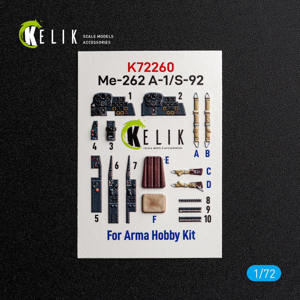 KELIK K72260 Messerschmitt Me-262 A-1 / S-92 - Interior 3D Decals (for Arma Hobby Kits) 1/72