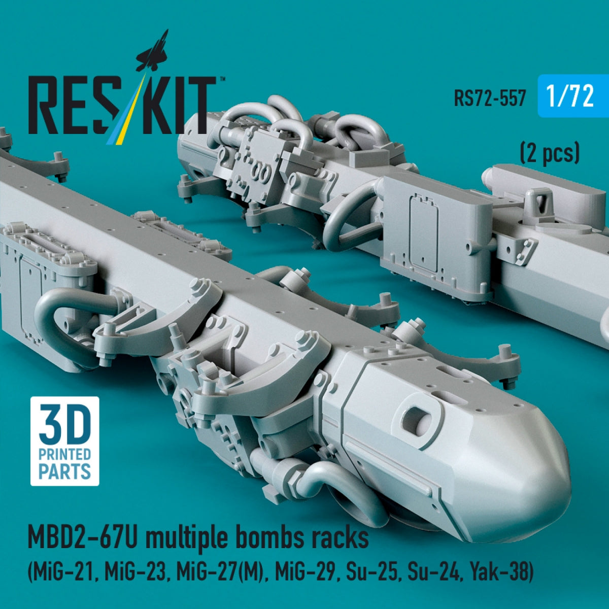 RESKIT RS72-0557 MBD2-67U multiple bombs racks (2 pcs) (MiG-21, MiG-23, MiG-27(М), MiG-29, Su-25, Su-24, Yak-38) (3D Printed) 1/72
