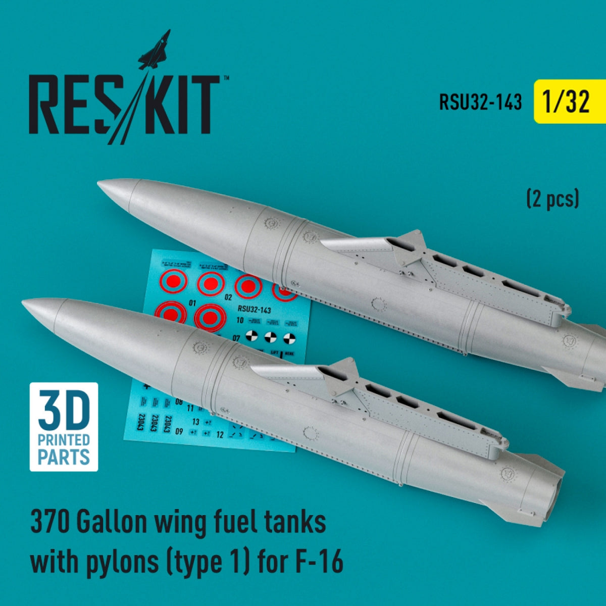 Réservoirs de carburant d'aile RESKIT RSU32-0143 de 370 gallons avec pylônes (type 1) pour F-16 (2 pièces) (Impression 3D) 1/32 