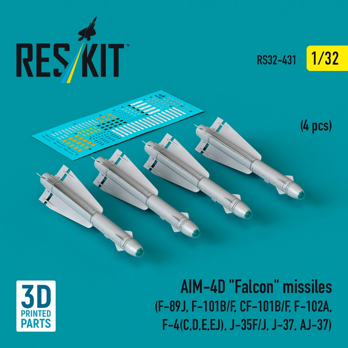 RESKIT RS32-0431 AIM-4D "Falcon" missiles (4 pcs) (3D Printed) 1/32