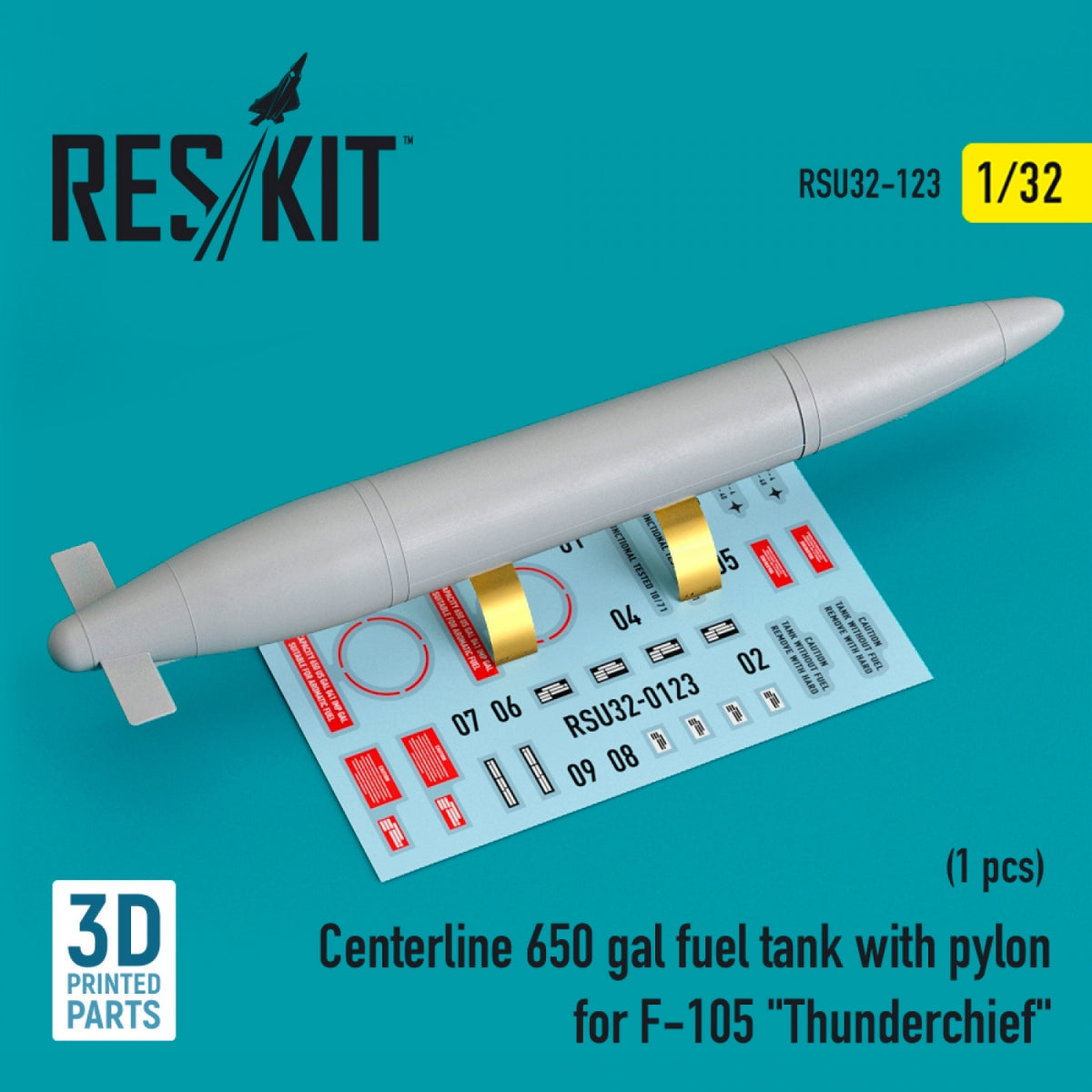 RESKIT RSU32-0123 CENTERLINE 650 GAL FUEL TANK WITH PYLONS FOR F-105 "THUNDERCHIEF" (1 PCS) (3D PRINTED) 1/32