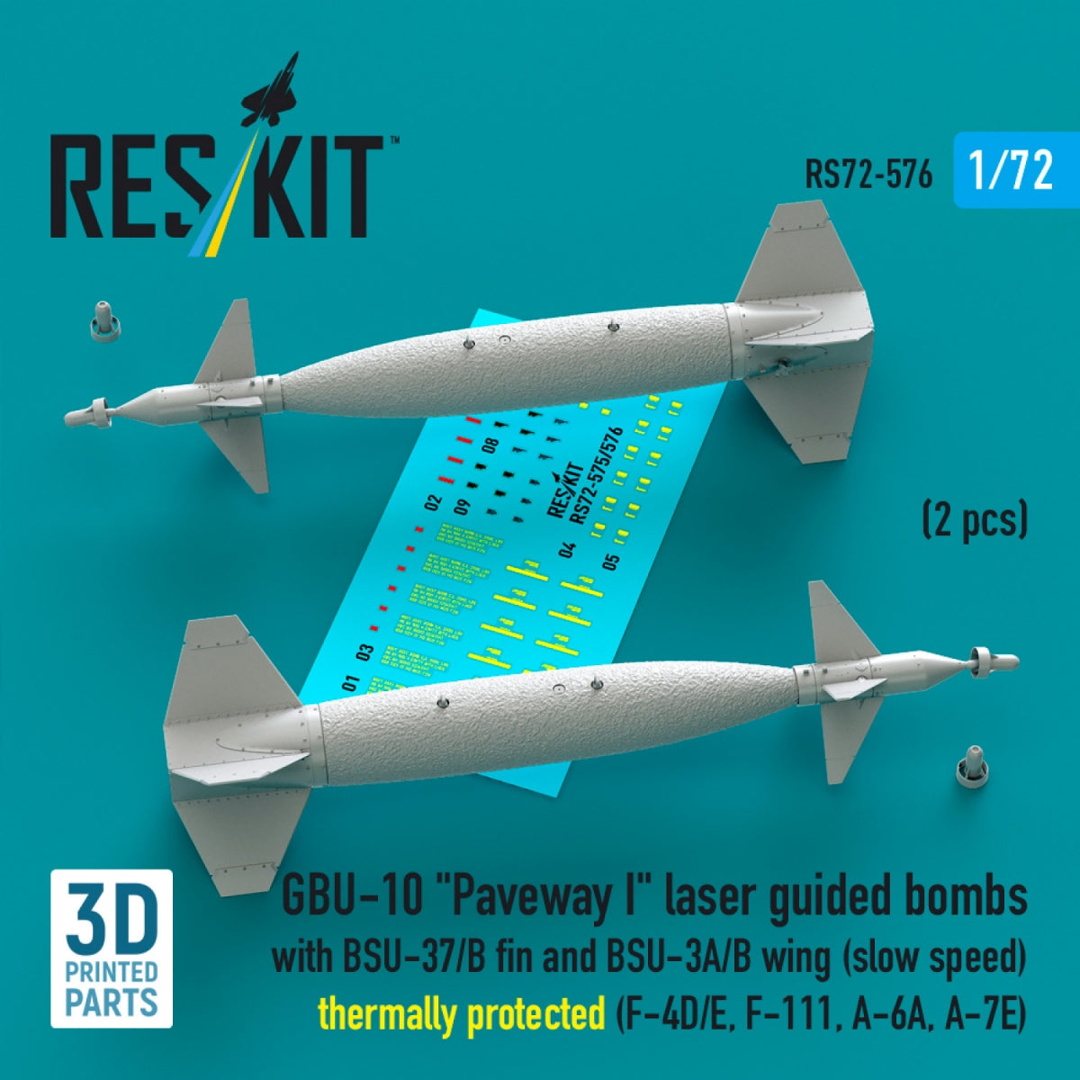 RESKIT RS72-0576 GBU-10 "Paveway I" laser guided bombs with BSU-37/B fin and BSU-3A/B wing (slow speed) thermally protected (2 pcs) (3D Printed) 1/72