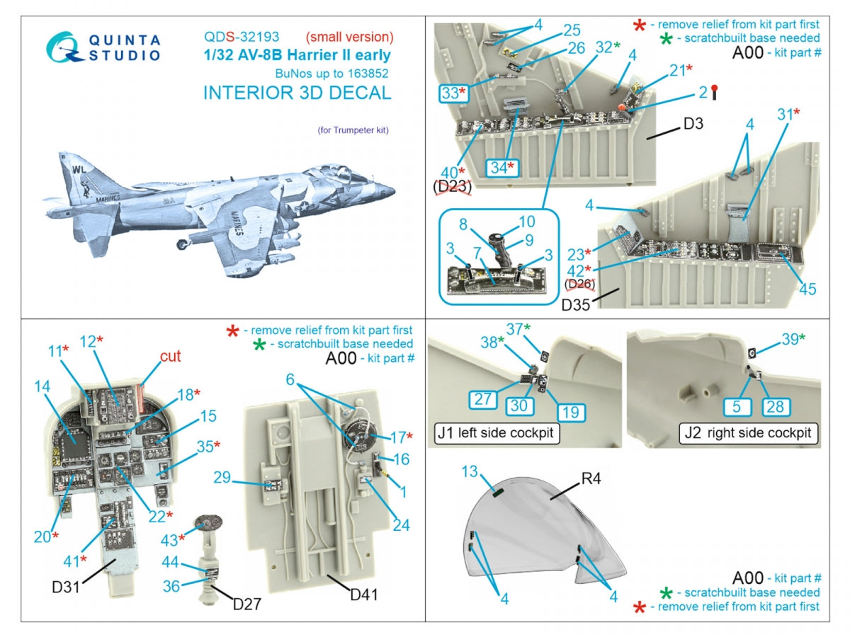 Quinta Studio QDS-32193 AV-8B Harrier II early 3D-Printed &amp;amp; coloured Interior on decal paper (Trumpeter) (small) 1/32 – imagen 2