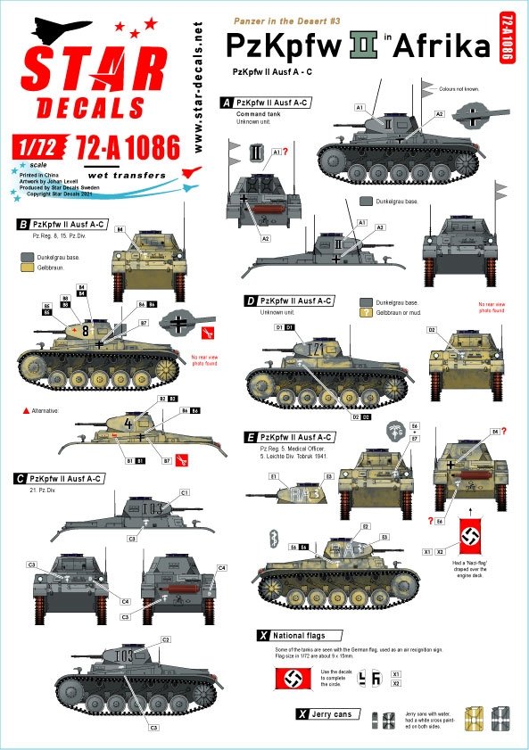 Star Decals 72-A1086 Panzer dans le désert n° 3. PzKpfw II Ausf AC, en Afrique du Nord 1/72