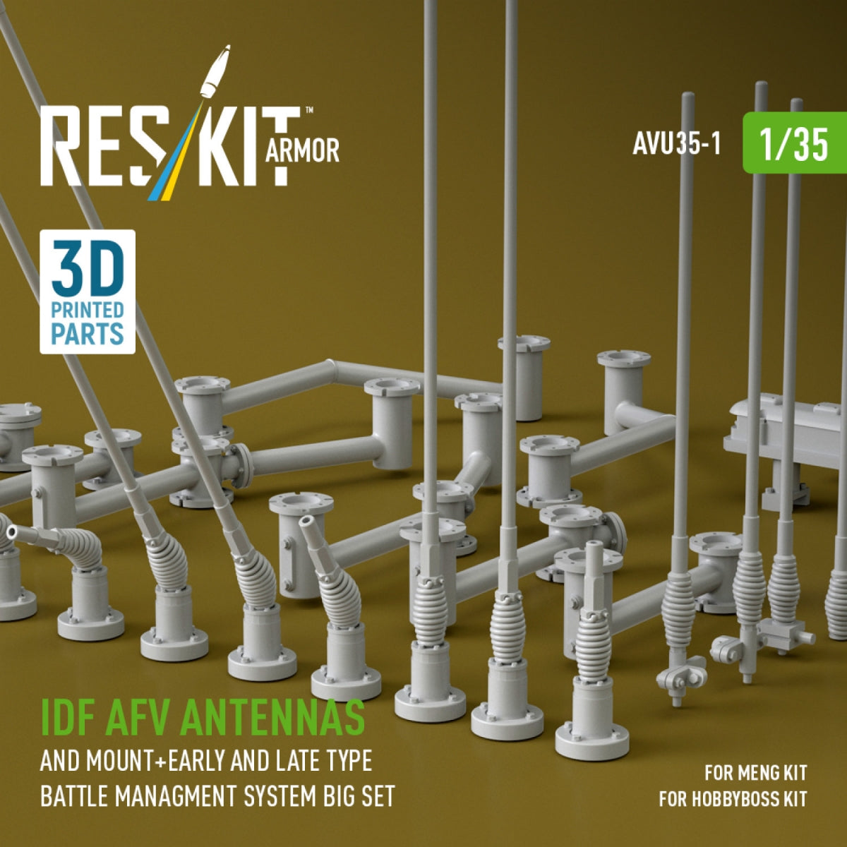 RESKIT AVU35-0001 IDF AFV antennas and mount + early and late type battle managment system big set (3D Printed) 1/35