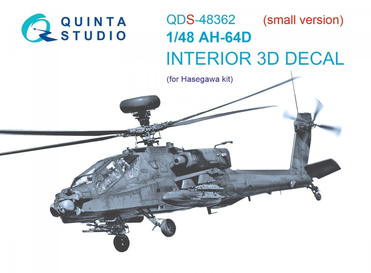 Quinta Studio QDS-48362 AH-64D 3D-Printed &amp;amp; coloured Interior on decal paper (Hasegawa) (Small version) 1/48