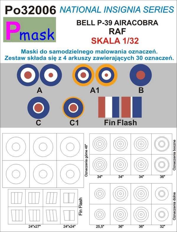 Masques de peinture P-Mask PO32006 AIRACOBRA RAF MARQUAGES (1/32) 