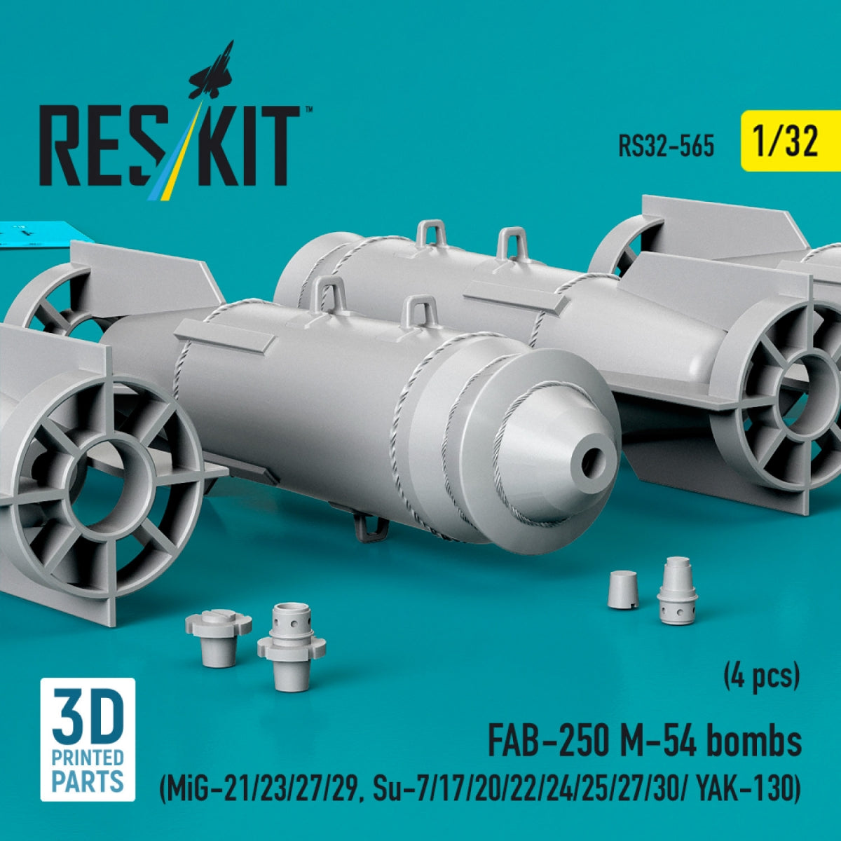 RESKIT RS32-0565 FAB-250 М-54 bombs (4 pcs) (MiG-21/23/27/29, Su-7/17/20/22/24/25/27/30/ YAK-130) (3D Printed) 1/32