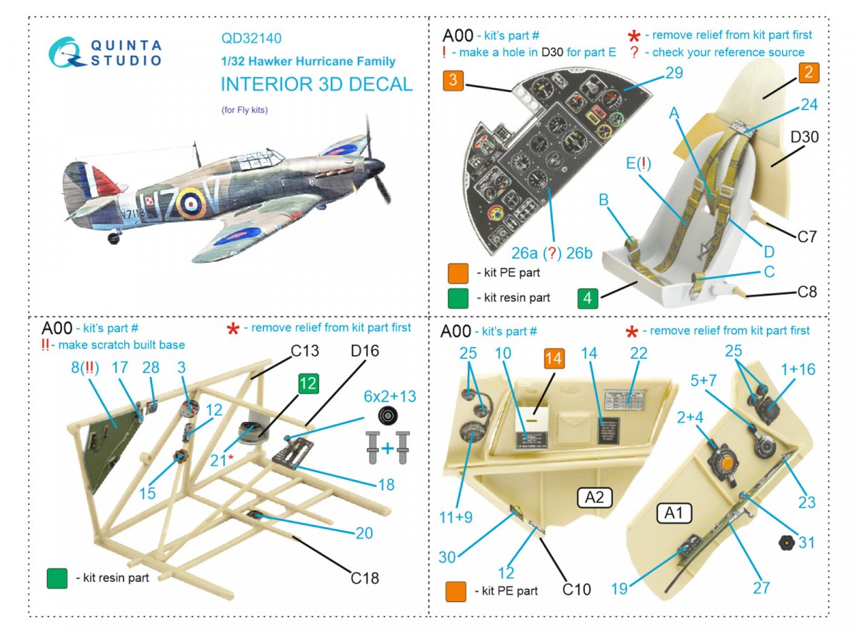 Quinta Studio QD32140 Hawker Hurricane Family 3D-Printed &amp;amp; coloured Interior on decal paper (Fly) 1/32 – immagine 12