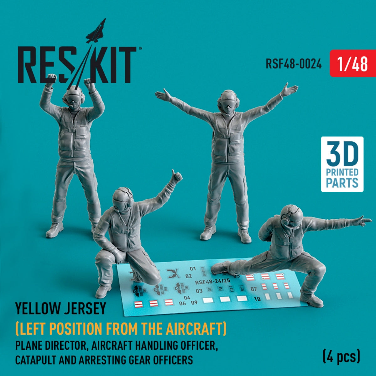 RESKIT RSF48-0024 MAILLOT JAUNE (POSITION À GAUCHE DE L'AVION) DIRECTEUR DE VOL, OFFICIER DE MANŒUVRE, OFFICIERS DE CATAPULTE ET DE PISTE D'ARRÊT (4 PIÈCES) (IMPRIMÉ EN 3D) 1/48