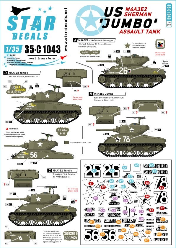 Star Decals 35-C1043 US M4A3E2 Sherman « Jumbo » 1/35