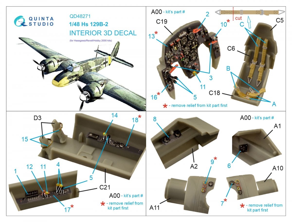 Quinta Studio QD48271 Hs 129B-2 3D-Printed &amp;amp; coloured Interior on decal paper (Hasegawa) 1/48 – imagen 2