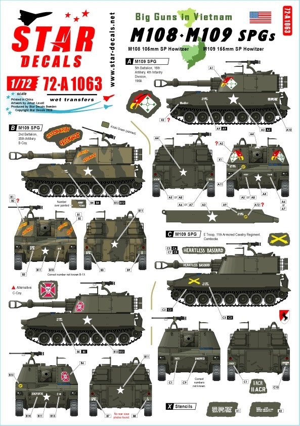 Star Decals 72-A1063 Gros canons au Vietnam. Obusiers automoteurs M108 et canons de 155 mm M109 de l&amp;#39;armée américaine, échelle 1/72