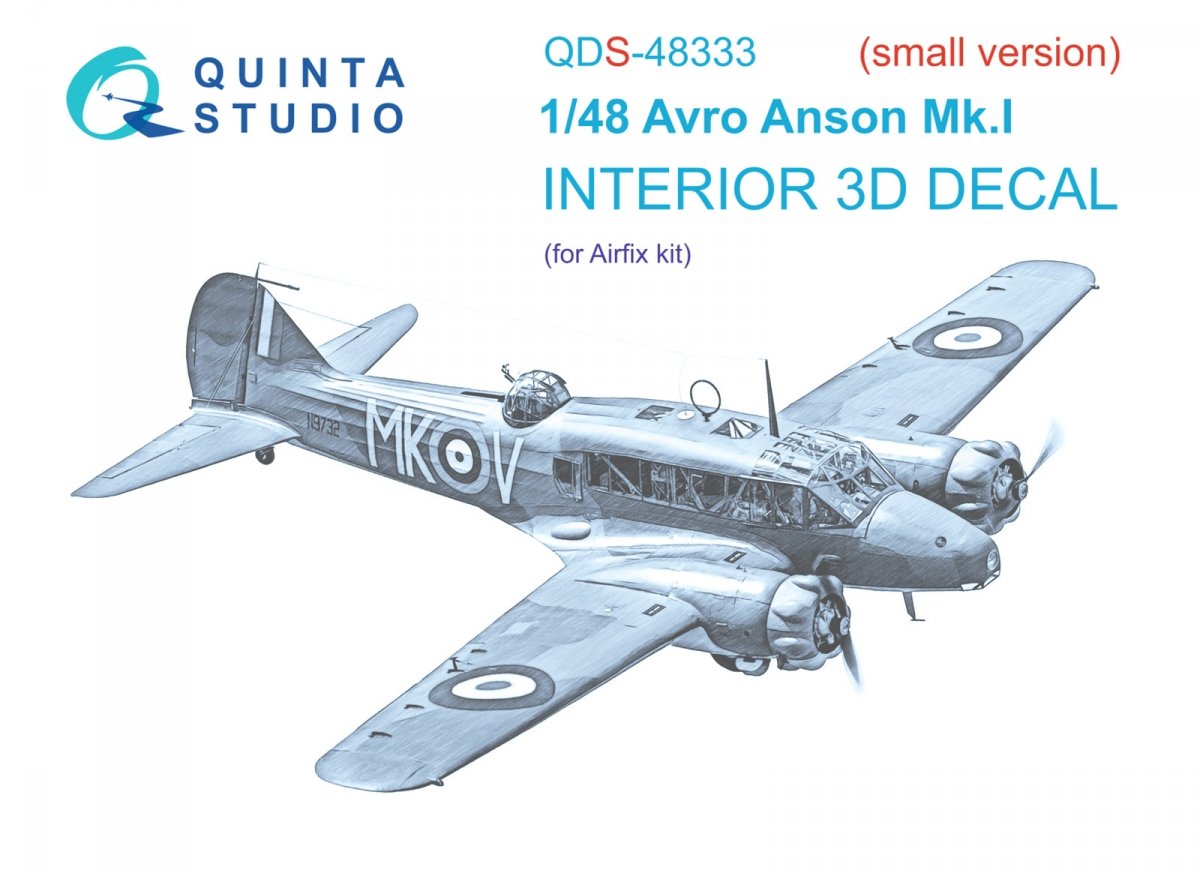 Intérieur imprimé en 3D et coloré sur papier décalcomanie Quinta Studio QDS-48333 Avro Anson Mk.I (Airfix) (Petite version) 1/48