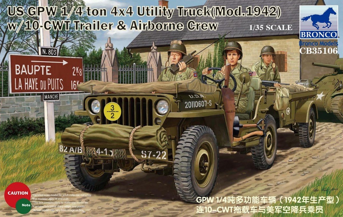Bronco CB35106 US GPW 1/4 ton 4x4 Utility Truck Mod.1942 w/10-CWT Trailer &amp;amp; Airborne Crew (1/35)