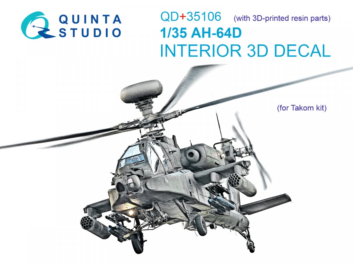 Quinta Studio QD+35106 AH-64D 3D-Printed &amp;amp; coloured Interior on decal paper (Takom) (with 3D-printed resin parts) 1/35