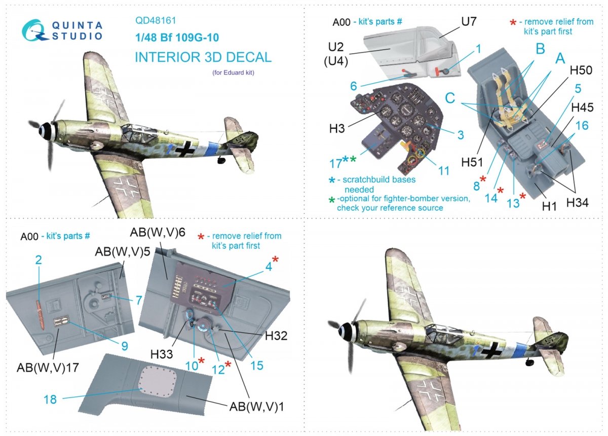 Quinta Studio QD48161 Bf 109G-10 3D-Printed &amp;amp; coloured Interior on decal paper (Eduard) 1/48 – imagen 9