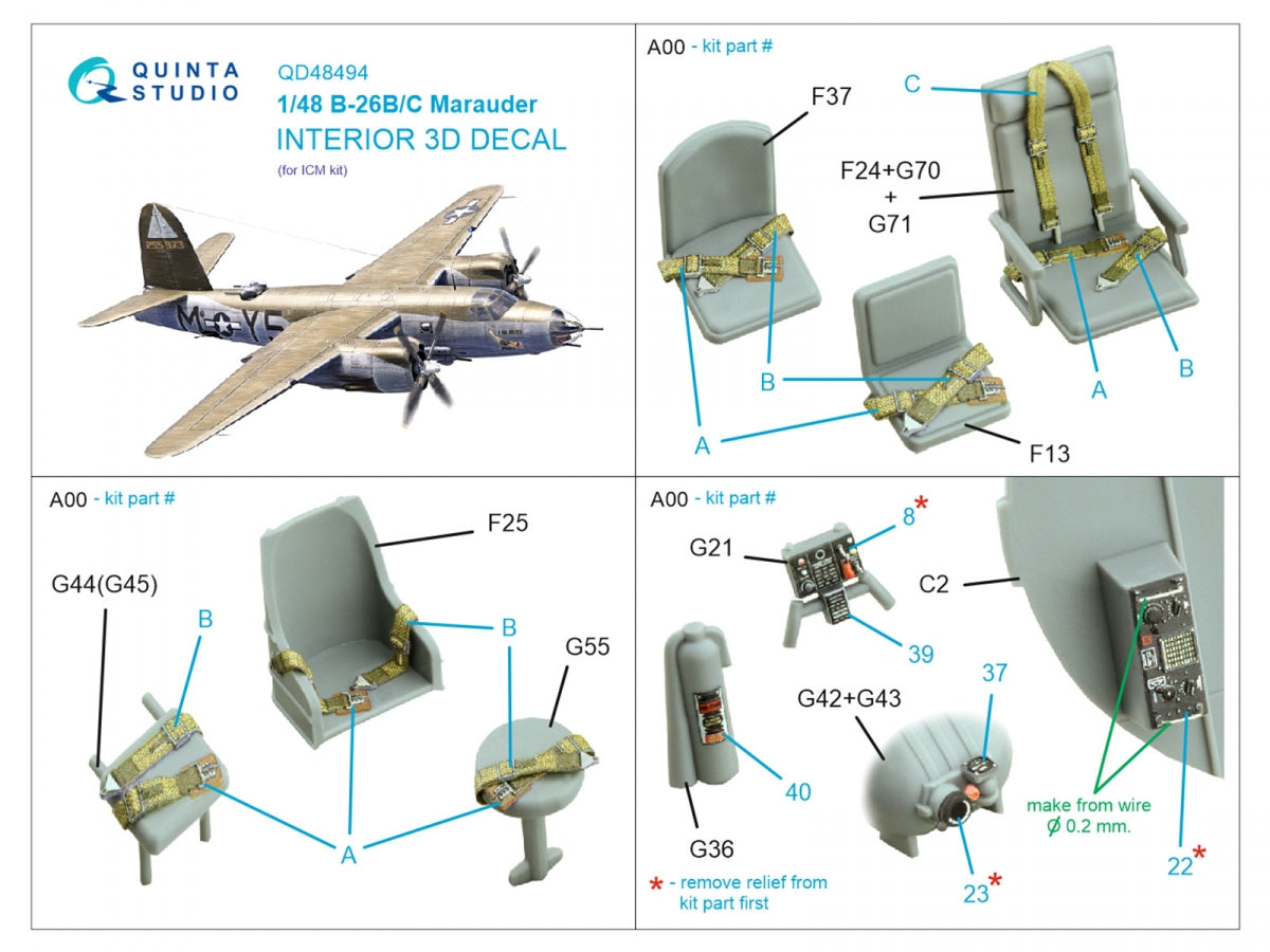 Quinta Studio QD48494 B-26B/C Marauder 3D-Printed coloured Interior on decal paper (ICM) 1/48 – imagen 2