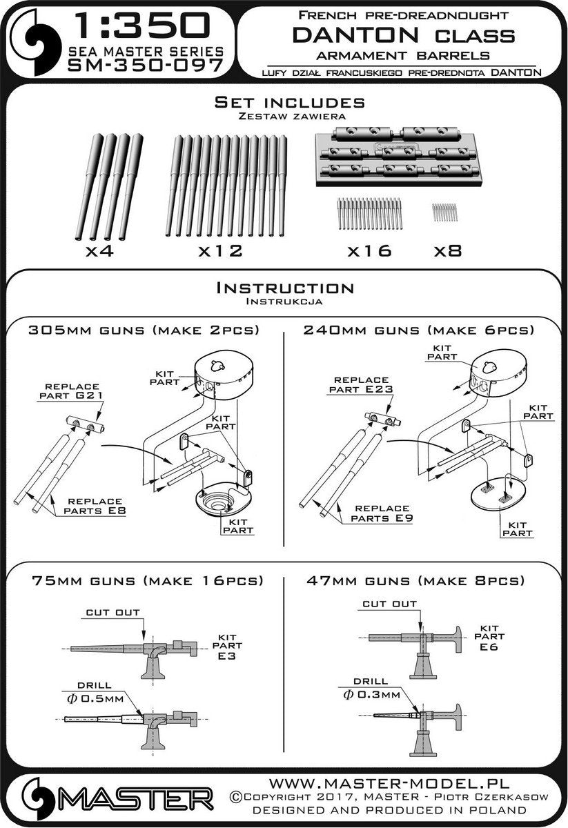 Master SM-350-097 Lufy dział francuskiego predrednota Danton - 305mm (4 szt.), 240mm (12 szt.), 75mm (16 szt.), 47mm (8 szt.) 1/350 – imagen 4