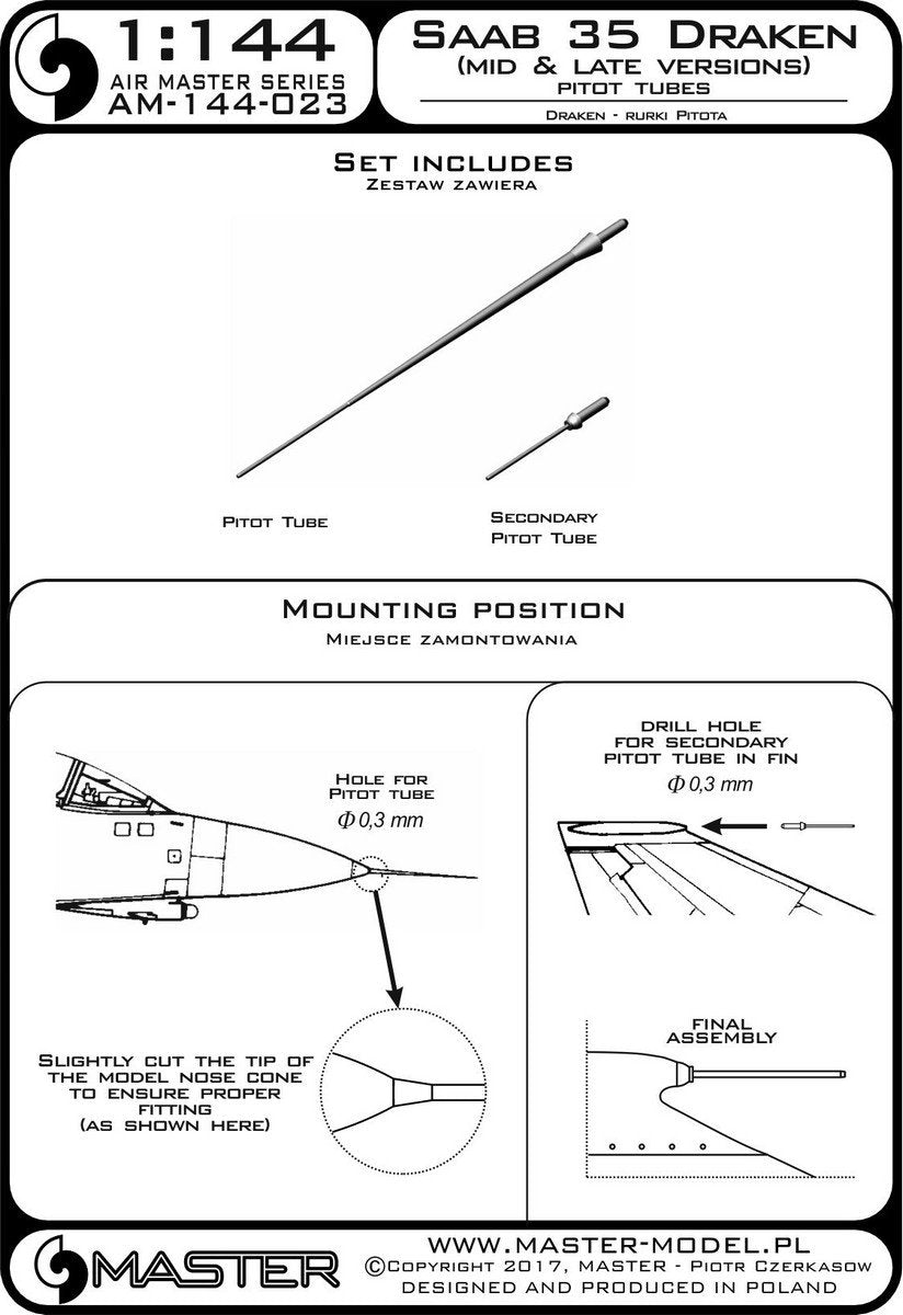 Master AM-144-023 Saab 35 Draken (Mid &amp;amp; Late Versions) Pitot tubes 1/144 – immagine 3