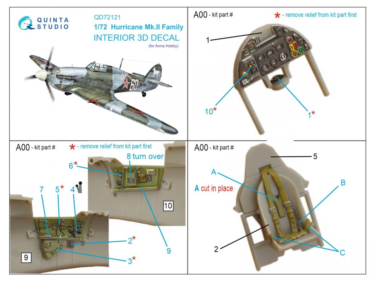 Quinta Studio QD72121 Hurricane Mk.II family 3D-Printed coloured Interior on decal paper (Arma Hobby) 1/72 – immagine 2