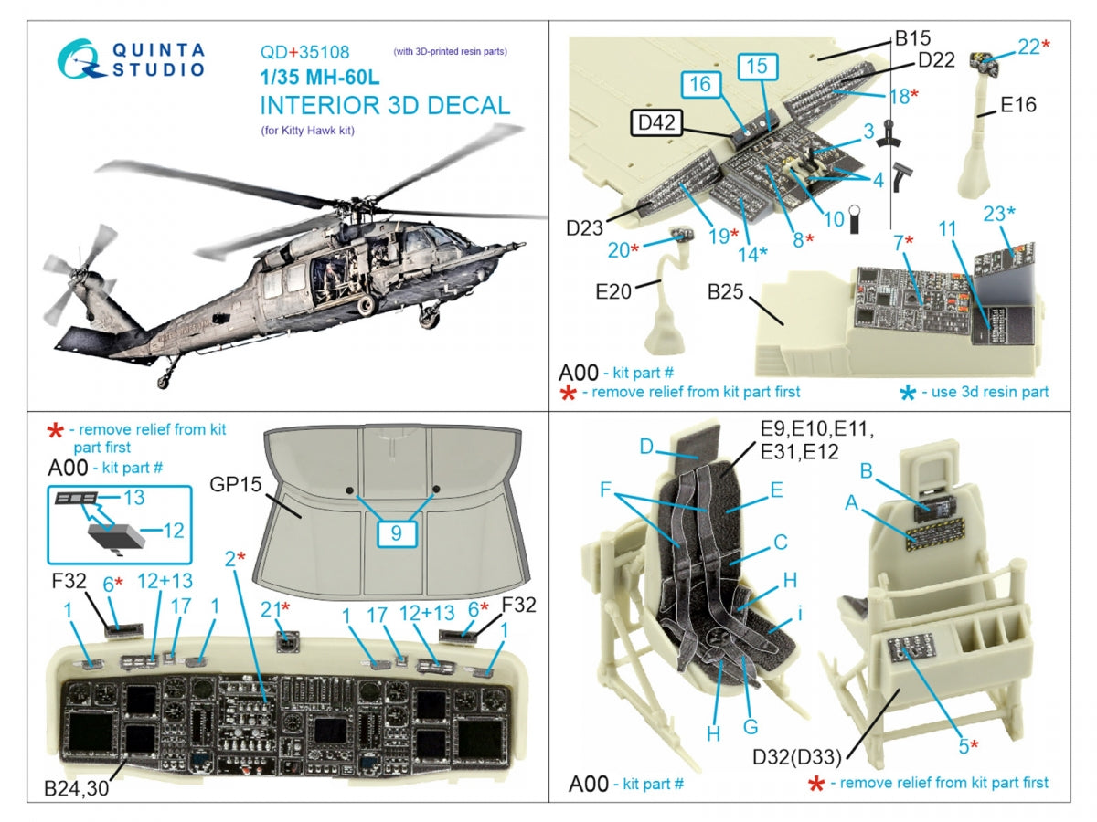 Quinta Studio QD+35108 MH-60L 3D-Printed &amp;amp; coloured Interior on decal paper (Kitty Hawk) (with 3D-printed resin parts) 1/35 – imagen 2