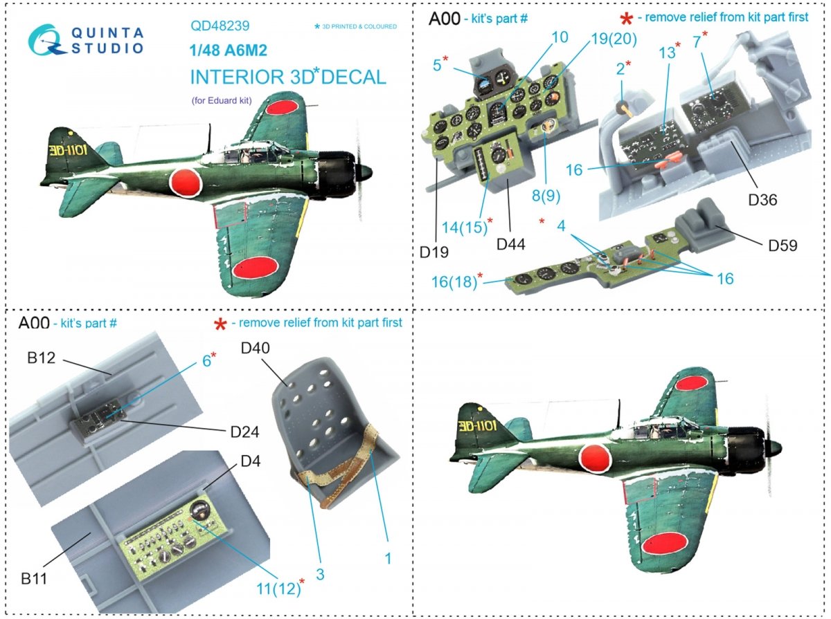 Quinta Studio QD48239 A6M2 Zero 3D-Printed &amp;amp; coloured Interior on decal paper (Eduard) 1/48 – immagine 3