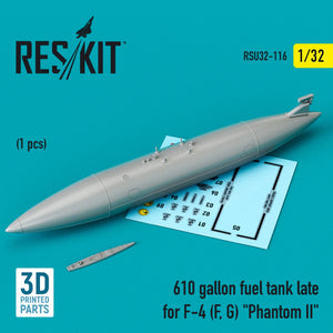 Réservoir de carburant RESKIT RSU32-0116 de 610 gallons pour F-4 (F, G) « Phantom II » (imprimé en 3D) à l&amp;#39;échelle 1/32
