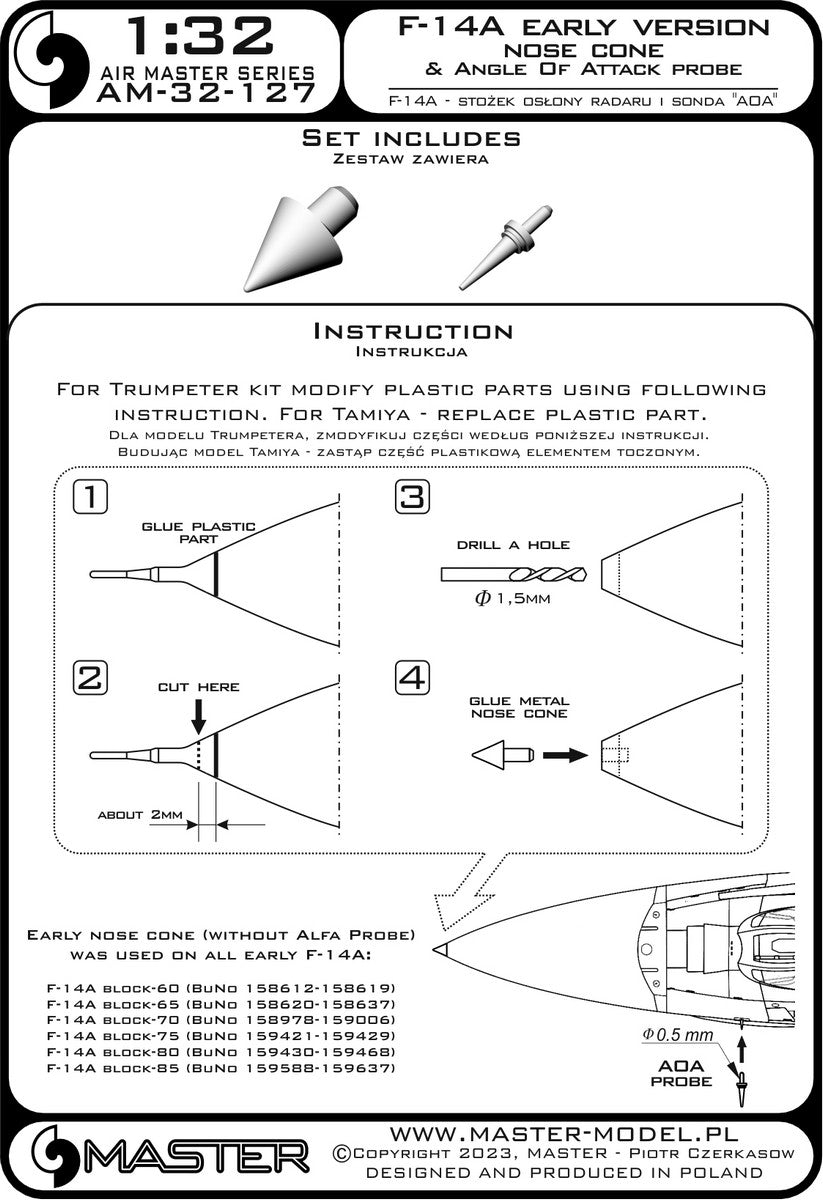 Master AM-32-127 F-14A wczesna wersja - stożek osłony radaru oraz sonda Angle Of Attack 1/32 – zdjęcie 3