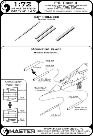 Master AM-72-139 F-5 Tiger II « Freedom Fighter » (version nez rond) - F-5A, E, F - kit de détails - Tube Pitot et canons de 20 mm 1/72 – image 3