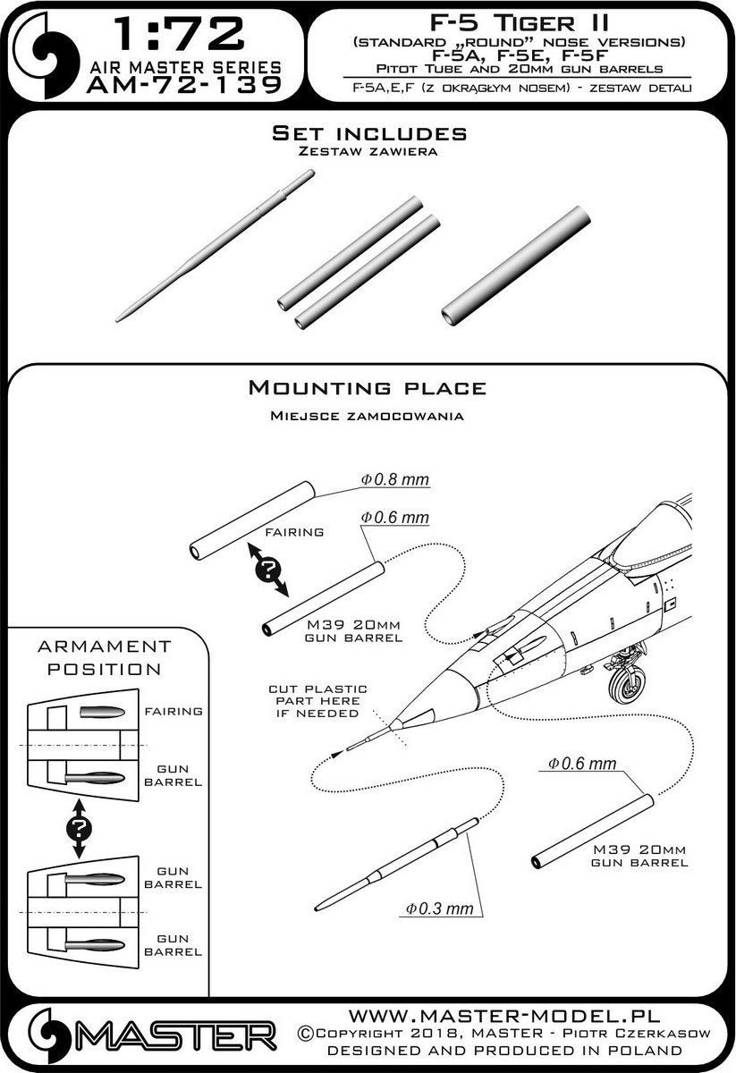 Master AM-72-139 F-5 Tiger II « Freedom Fighter » (version nez rond) - F-5A, E, F - kit de détails - Tube Pitot et canons de 20 mm 1/72 – image 3