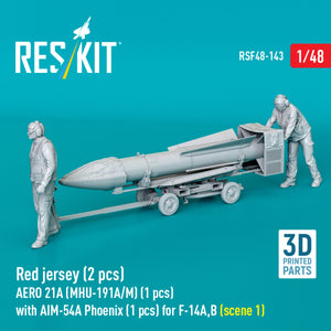 RESKIT RSF48-0143 Red jersey (2 pcs) AERO 21A (MHU-191A/M) (1 pcs) with AIM-54A Phoenix (1 pcs) for F-14A,B (scene 1) (3D Printed) 1/48