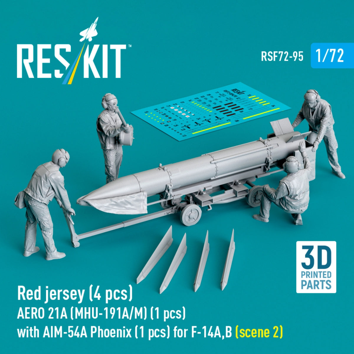RESKIT RSF72-0095 Red jersey (4 pcs) AERO 21A (MHU-191A/M) (1 pcs) with AIM-54A Phoenix (1 pcs) for F-14A,B (scene 2) (3D Printed) 1/72