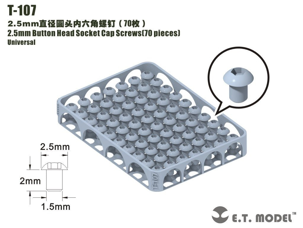 Vis à tête cylindrique creuse ET modèle T-107 de 2,5 mm, lot de 70 pièces
