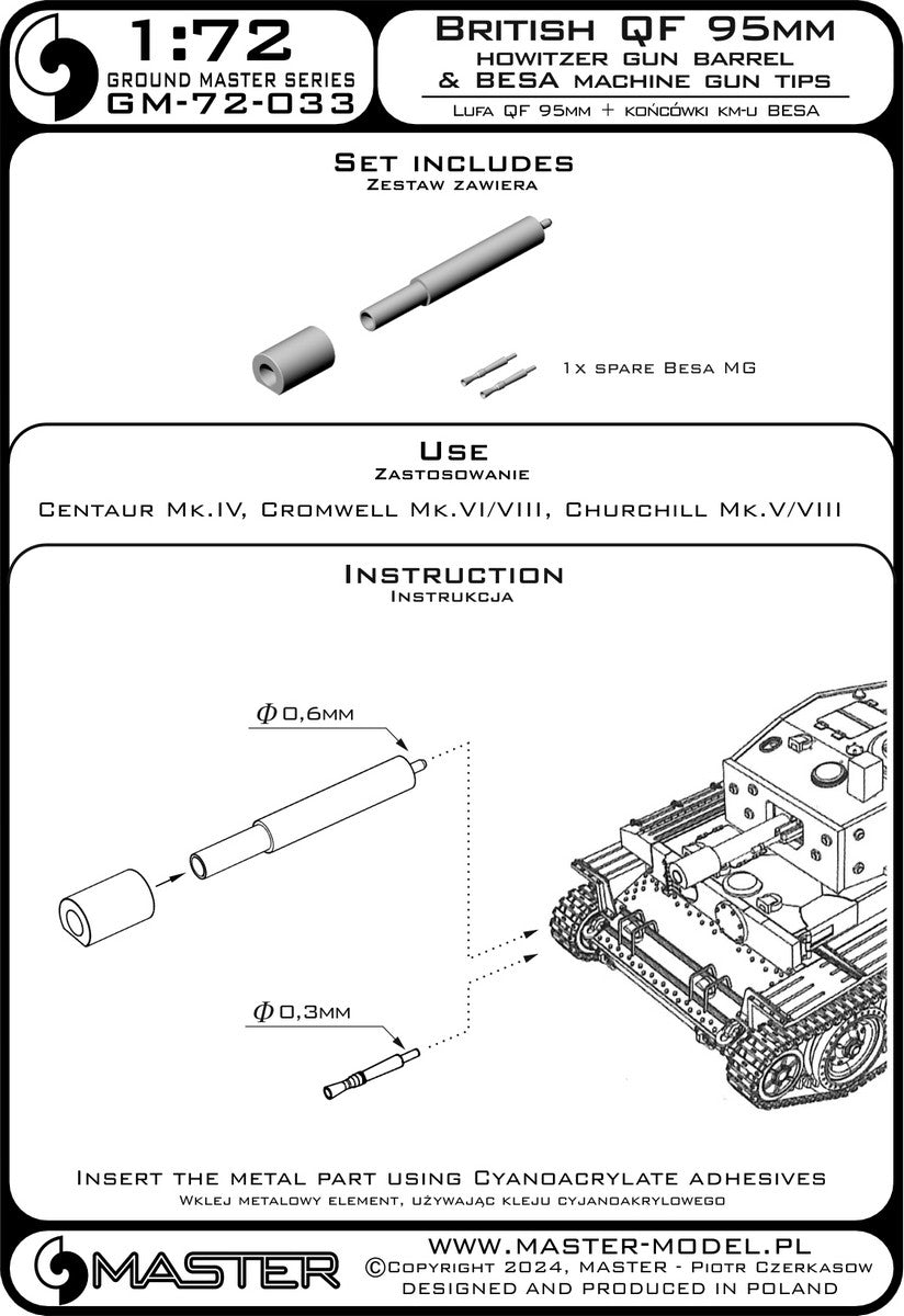 Master GM-72-033 Brytyjska haubica QF 95mm + końcówki km-u Besa - Centaur Mk.IV, Cromwell Mk.VI/VIII, Churchill Mk.V/VIII i inne 1/72 – imagen 8