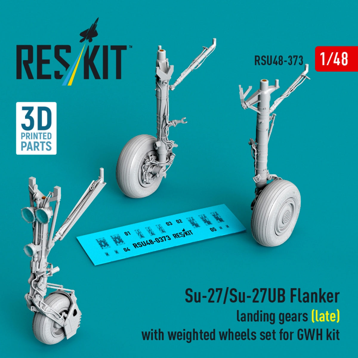 RESKIT RSU48-0373 Su-27/Su-27UB Flanker landing gears (late) with weighted wheels set for GWH kit (3D Printed) 1/48