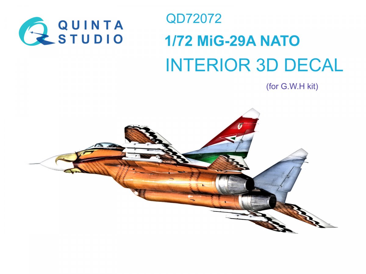 Quinta Studio QD72072 MiG-29A NATO 3D-Printed &amp; colored Interior on decal paper (GWH) 1/72