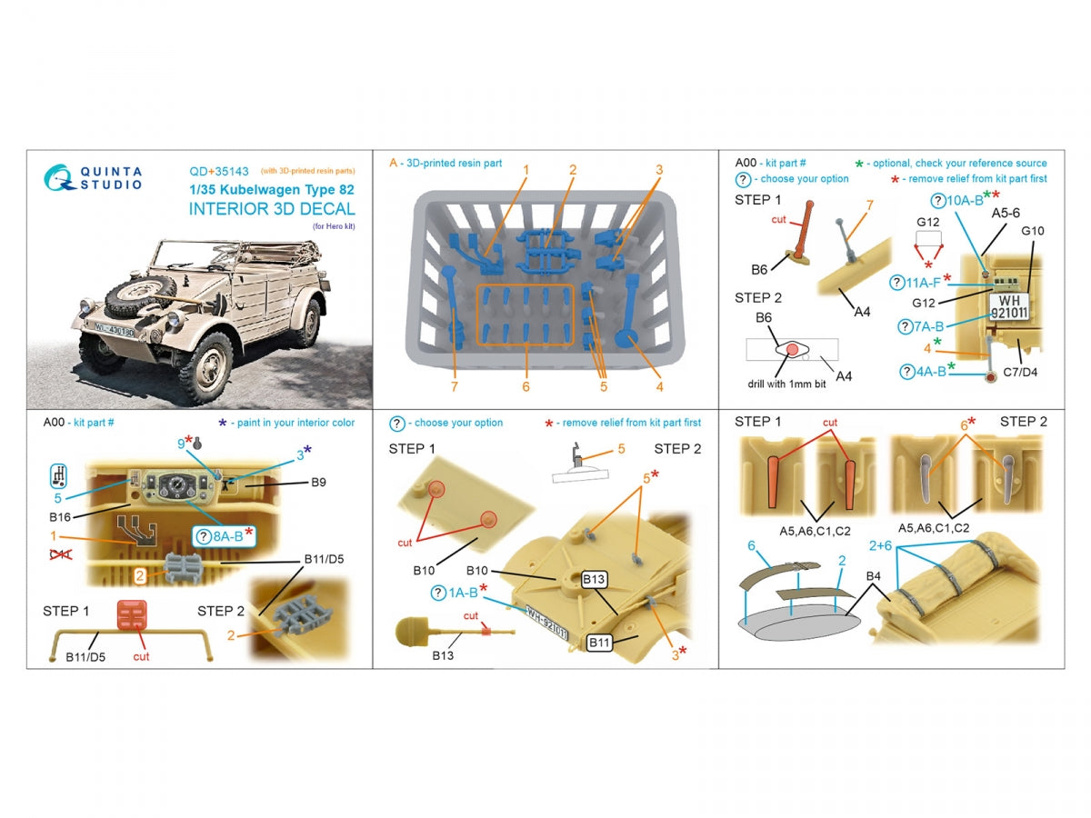 Quinta Studio QD+35143 Kubelwagen Type 82 3D-Printed &amp;amp; coloured Interior on decal paper (Hero) (with 3D-printed resin parts)1/35 – Bild 15