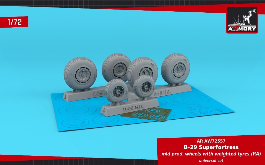 Armory Models AW72357 B-29 Superfortress mid production wheels w/ weighted tires (RA) PE hubcaps 1/72