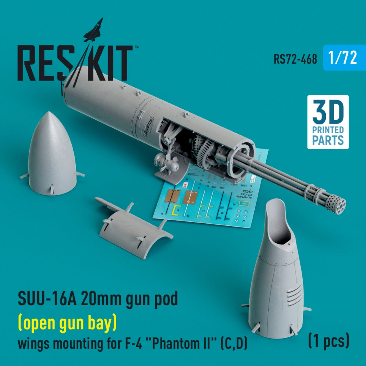 RESKIT RS72-0468 SUU-16A 20mm gun pod (open gun bay) wings mounting for F-4 Phantom II (C,D) (1 pcs) (3D Printed) 1/72 – imagen 2
